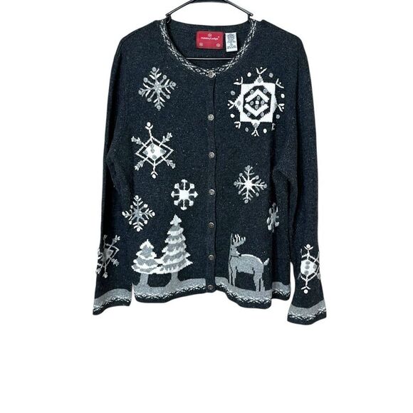 Holiday Lodge by Northcrest Christmas Snowflakes Deer Cardigan‎ Sweater XL - Picture 1 of 8